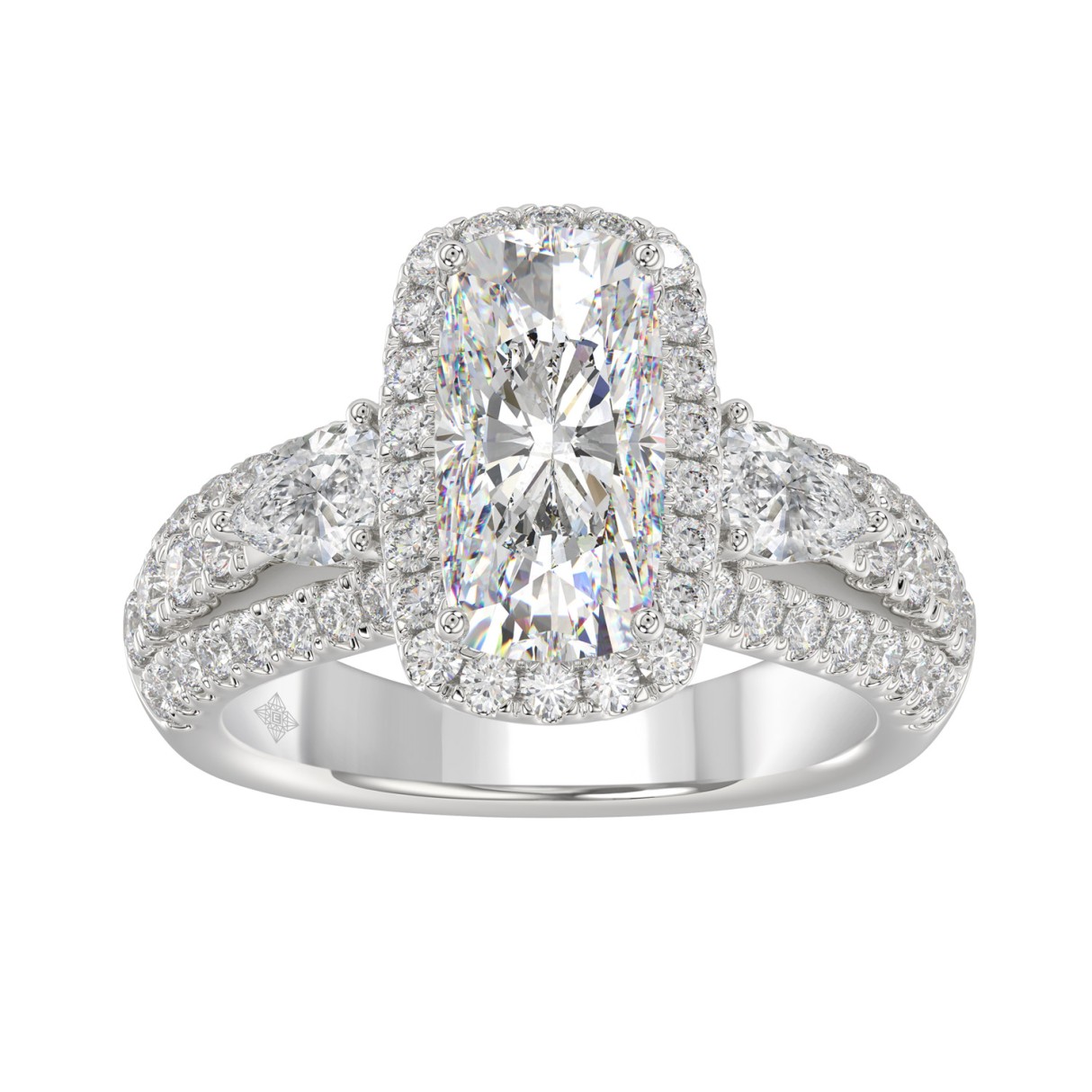 Ladies 14K White Gold 3 1/2CT Featuring Fashion Ring  with Round, Pear & Cushion Diamond 2.00CT Cushion  Center stone (Color F-G -Clarity VS1/VS2)