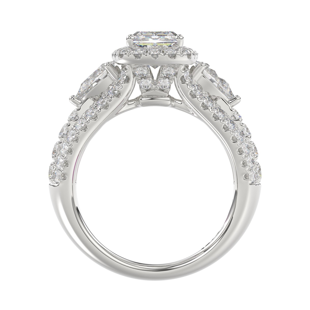 Ladies 14K White Gold 3 1/2CT Featuring Fashion Ring  with Round, Pear & Cushion Diamond 2.00CT Cushion  Center stone (Color F-G -Clarity VS1/VS2)