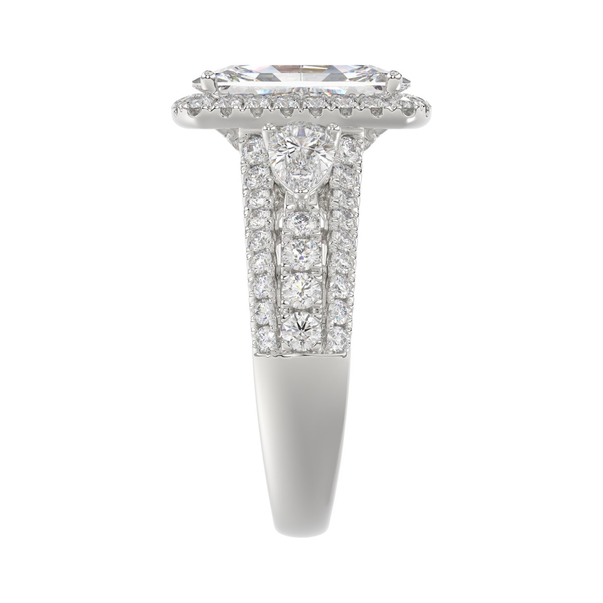 Ladies 14K White Gold 3 1/2CT Featuring Fashion Ring  with Round, Pear & Cushion Diamond 2.00CT Cushion  Center stone (Color F-G -Clarity VS1/VS2)