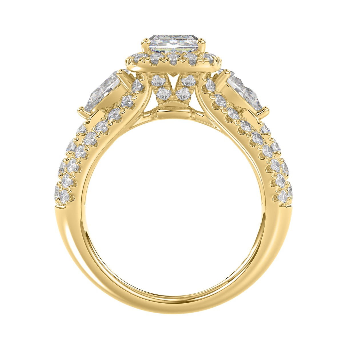 Ladies 14K Yellow Gold 3 1/2CT Featuring Fashion Ring  with Round, Pear & Cushion Diamond 2.00CT  Cushion  Center stone (Color F-G -Clarity VS1/VS2)