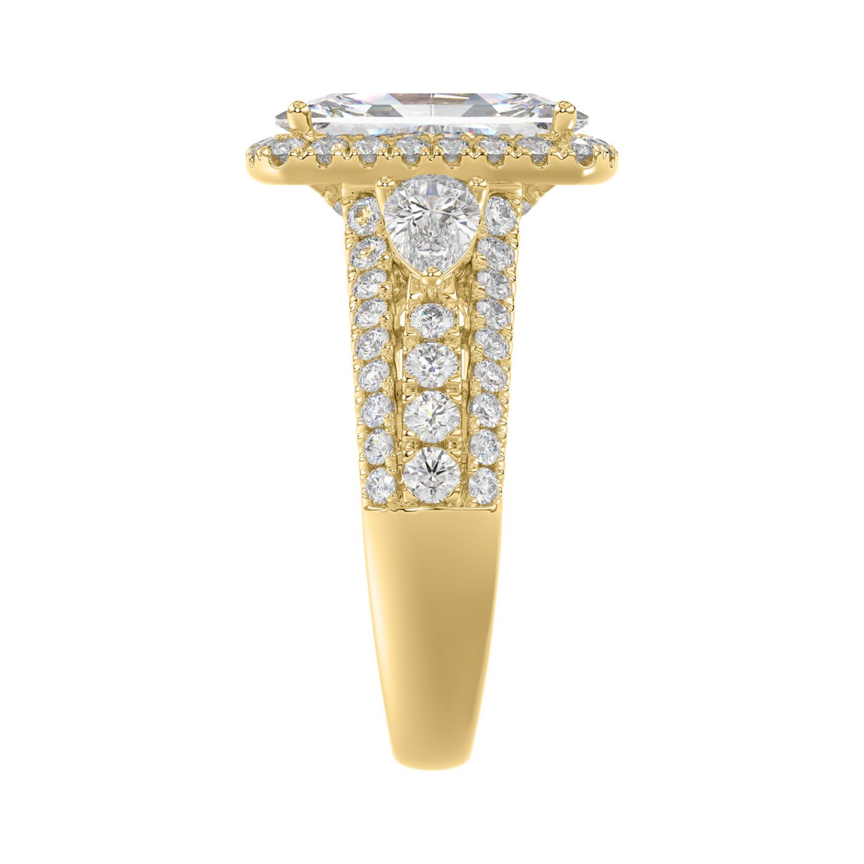 Ladies 14K Yellow Gold 3 1/2CT Featuring Fashion Ring  with Round, Pear & Cushion Diamond 2.00CT  Cushion  Center stone (Color F-G -Clarity VS1/VS2)
