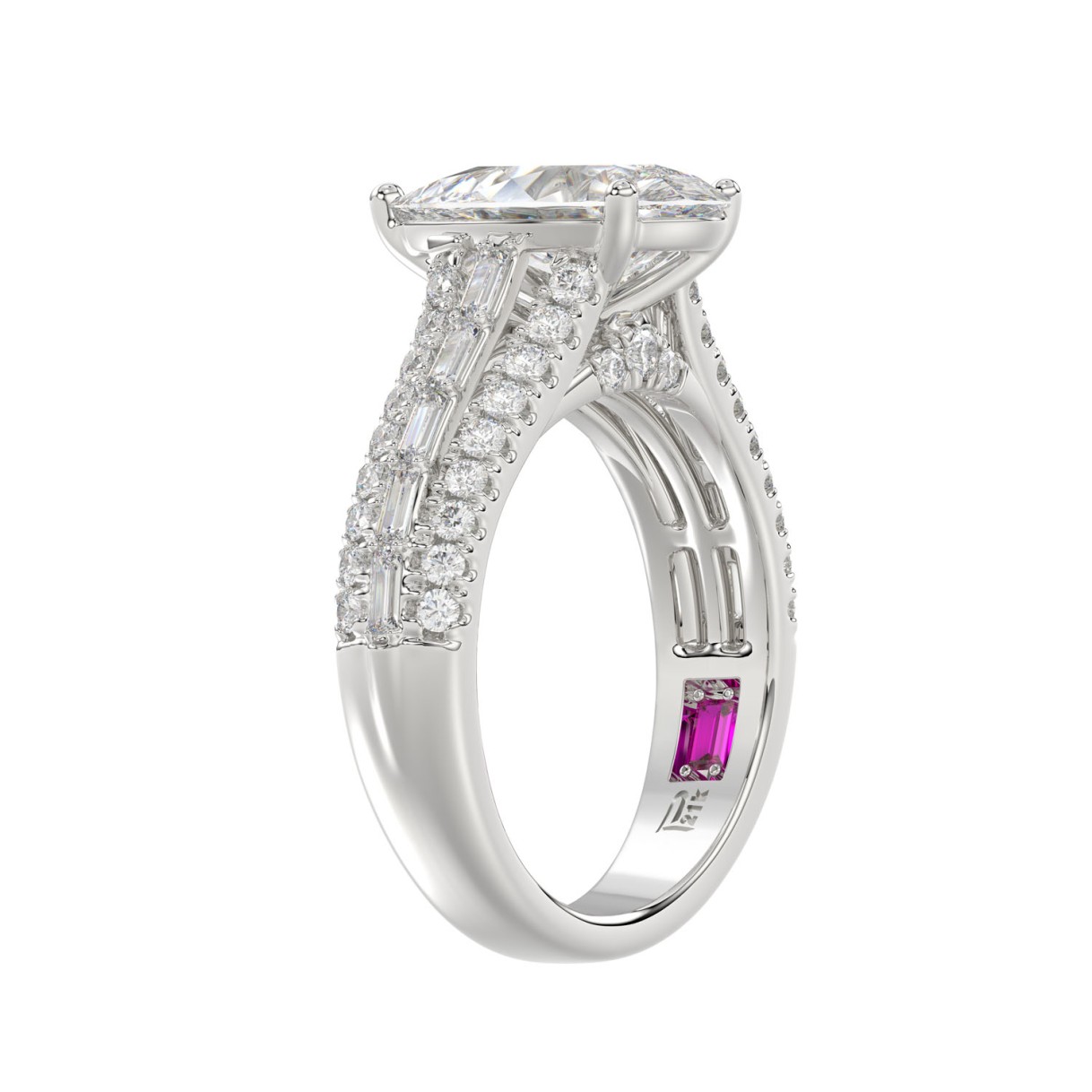 21K PLATINUM LADIES RING 2 3/4CT ROUND/PEAR/BAGUETTE DIAMOND (CENTER STONE PEAR DIAMOND 2CT)
