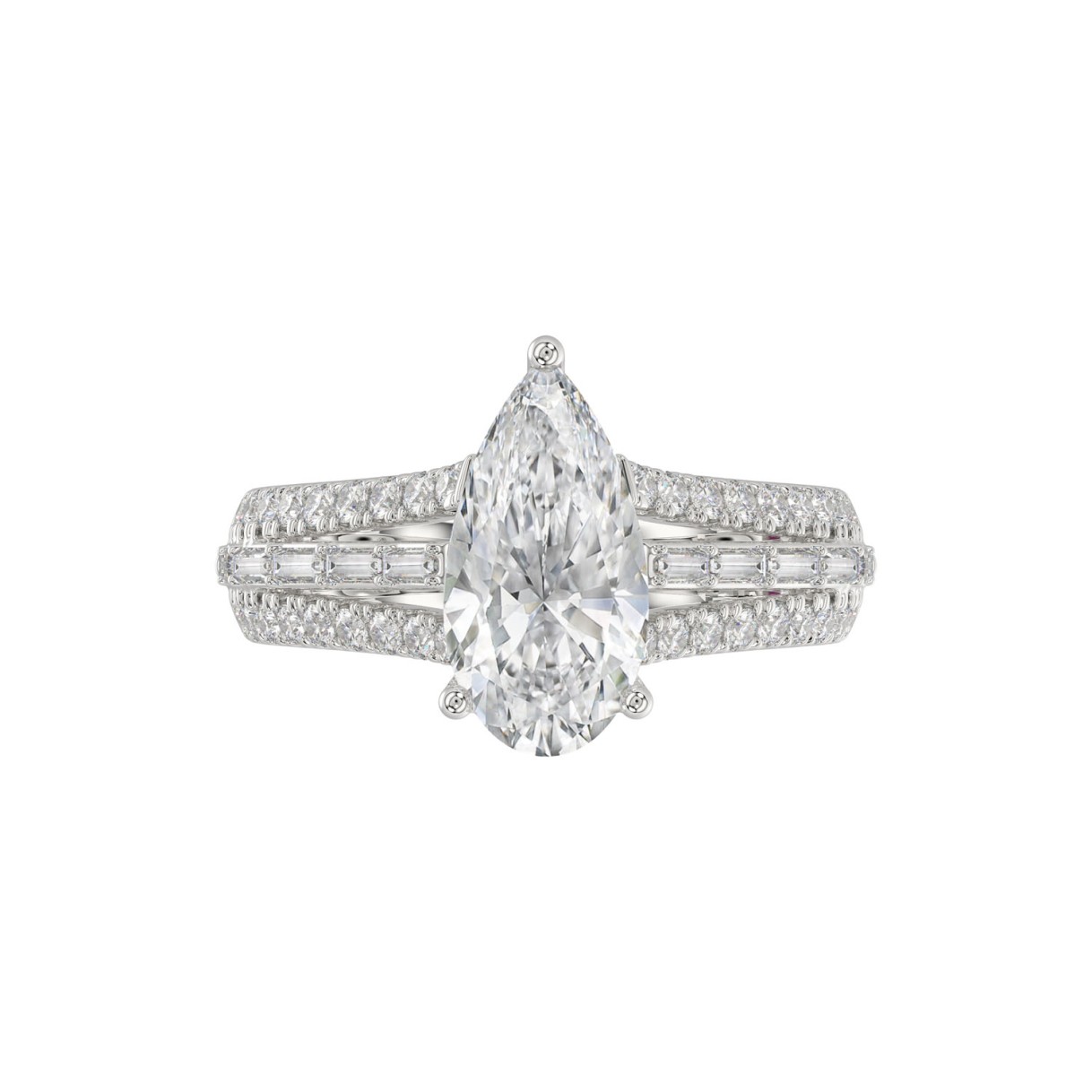 21K PLATINUM LADIES RING 2 3/4CT ROUND/PEAR/BAGUETTE DIAMOND (CENTER STONE PEAR DIAMOND 2CT)