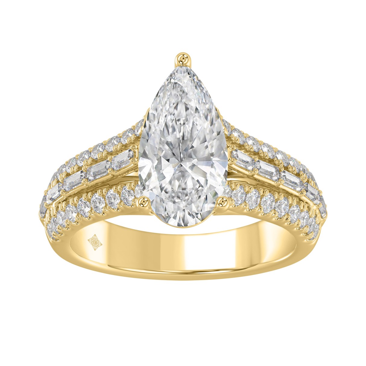 Luxury 14K Yellow Gold Ladies Diamond Ring 2 3/4CT Round Pear & Baguette Diamonds with 2.00CT  Pear  Center stone (Color F-G -Clarity VS1/VS2)