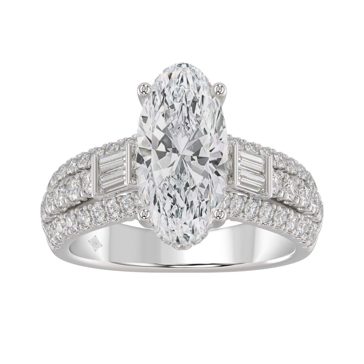 Classic 14K White Gold Ladies Diamond Ring  4.00CT Round Oval & Baguette Diamonds with 3.00CT  Oval  Center stone (Color F-G -Clarity VS1/VS2)