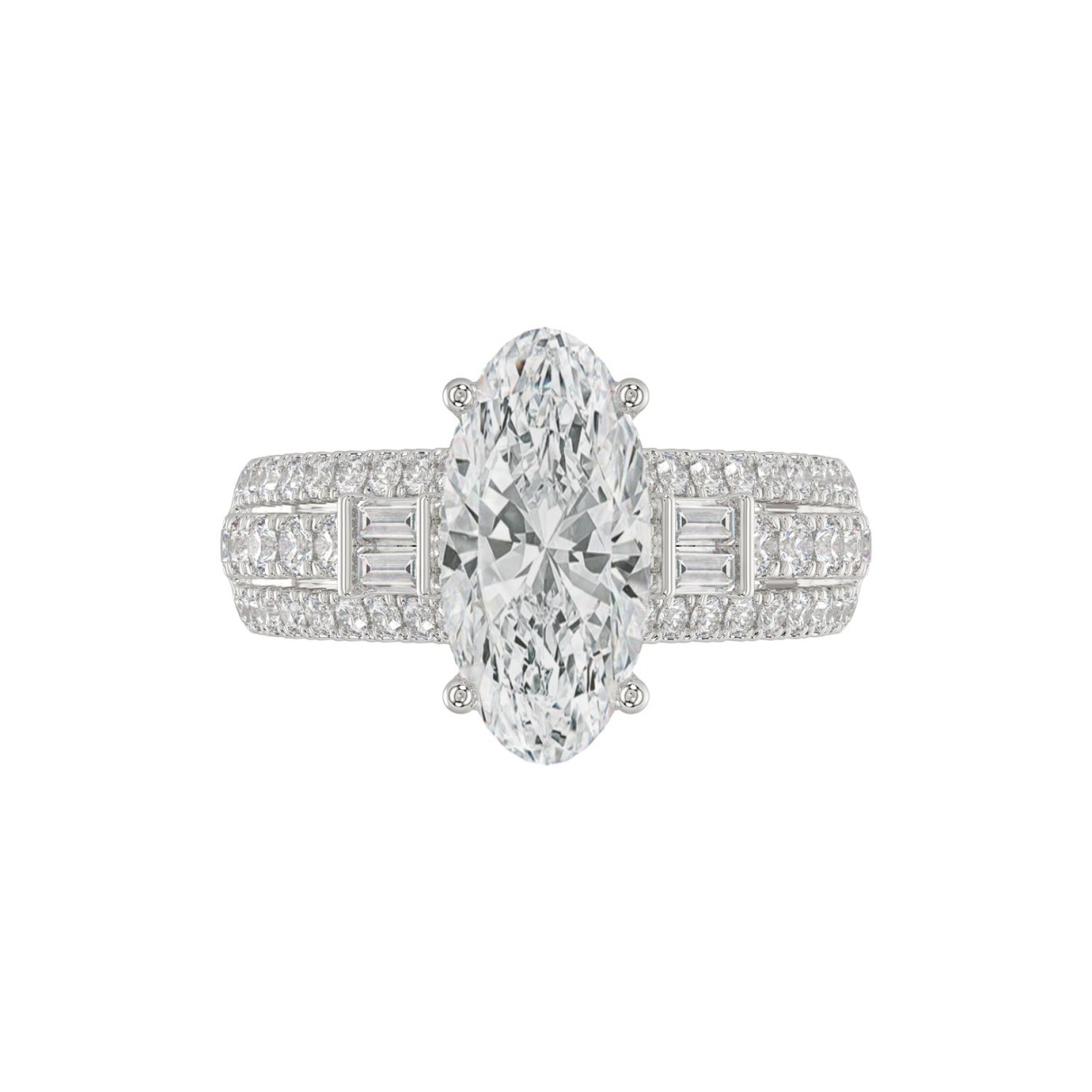 LADIES RING 4.00CT ROUND/OVAL/BAGUETTE DIAMOND WHITE PLATINUM (CENTER STONE OVAL DIAMOND 3CT)