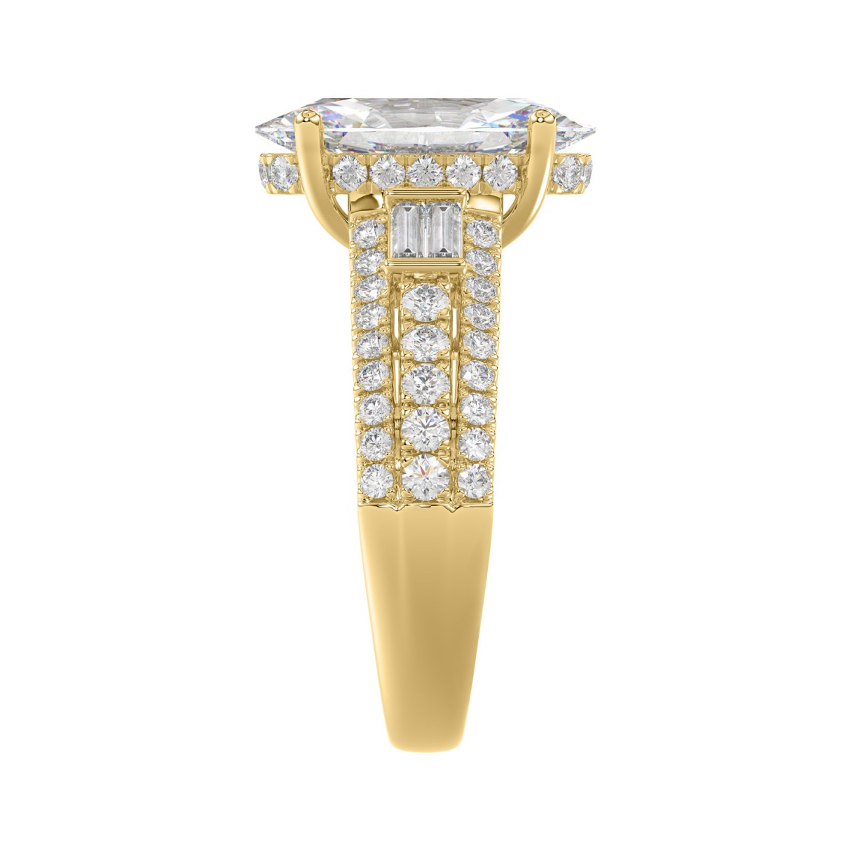 Classic 14K Yellow Gold Ladies Diamond Ring  4.00CT Round Oval & Baguette Diamonds with 3.00CT Oval  Center stone (Color F-G -Clarity VS1/VS2)