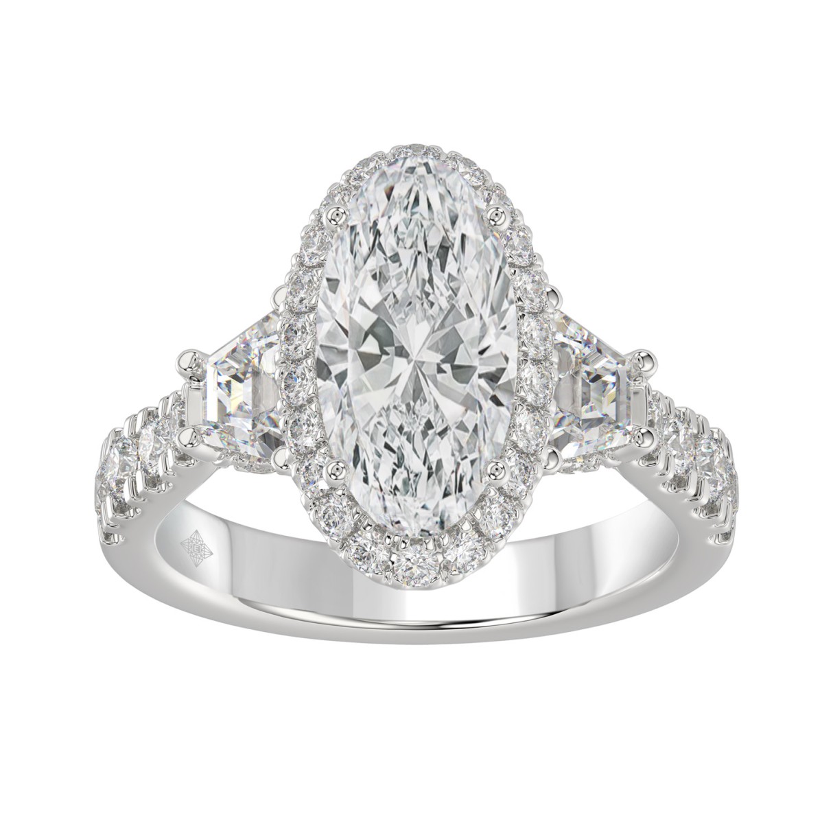 14K White Gold Halo Engagement Ring with Side Ston...