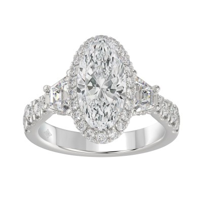 14K White Gold Halo Engagement Ring with Side Stones, 3 1/4CT Round, Baguette,Trapezoid Diamond & 2.00CT Oval Center stone (Color F-G -Clarity VS1/VS2)