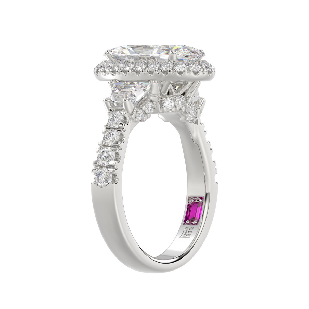 LADIES RING 3.25CT ROUND/OVAL/TRAPEZOID/BAGUETTE DIAMOND WHITE PLATINUM (CENTER STONE OVAL DIAMOND 2CT)