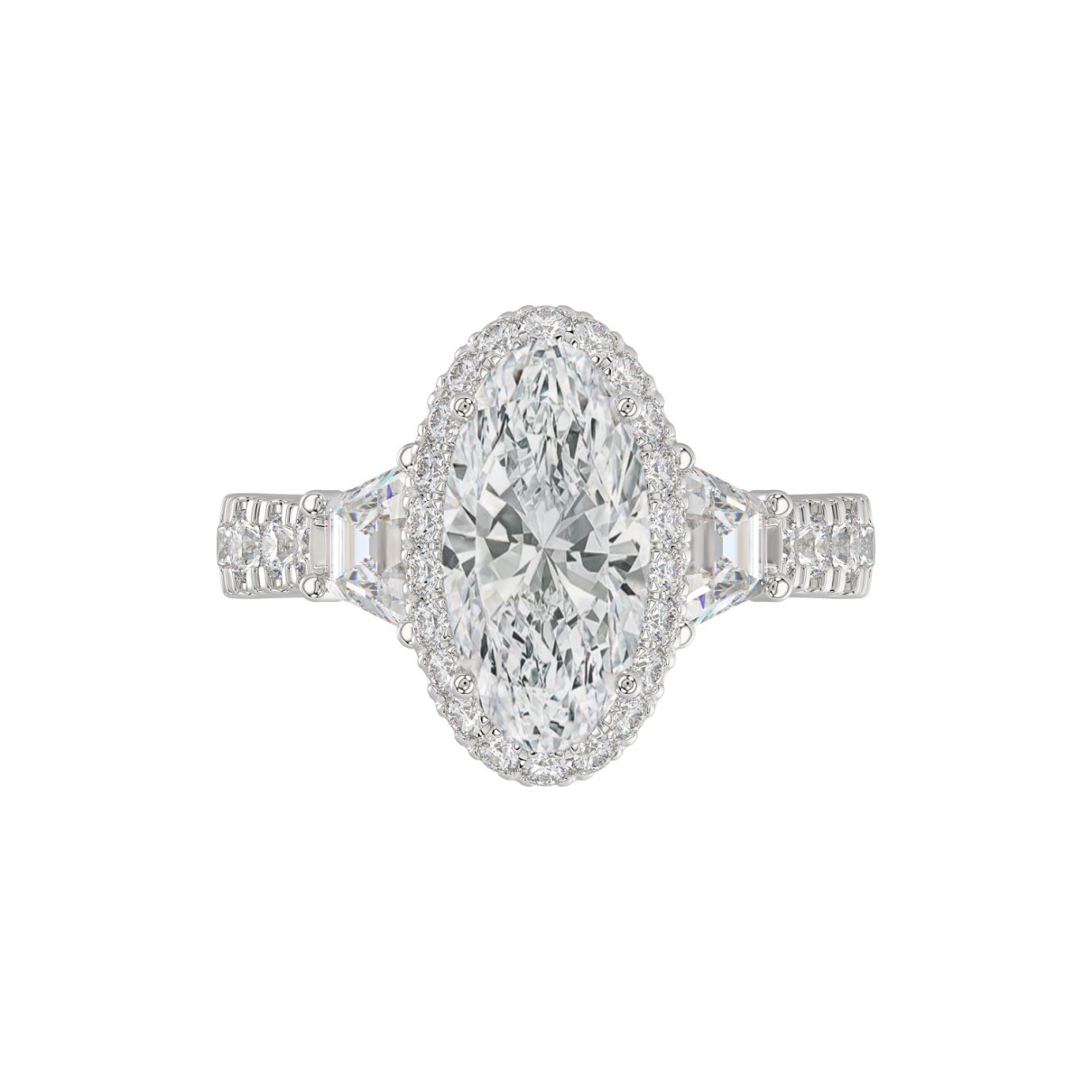 LADIES RING 3.25CT ROUND/OVAL/TRAPEZOID/BAGUETTE DIAMOND WHITE PLATINUM (CENTER STONE OVAL DIAMOND 2CT)