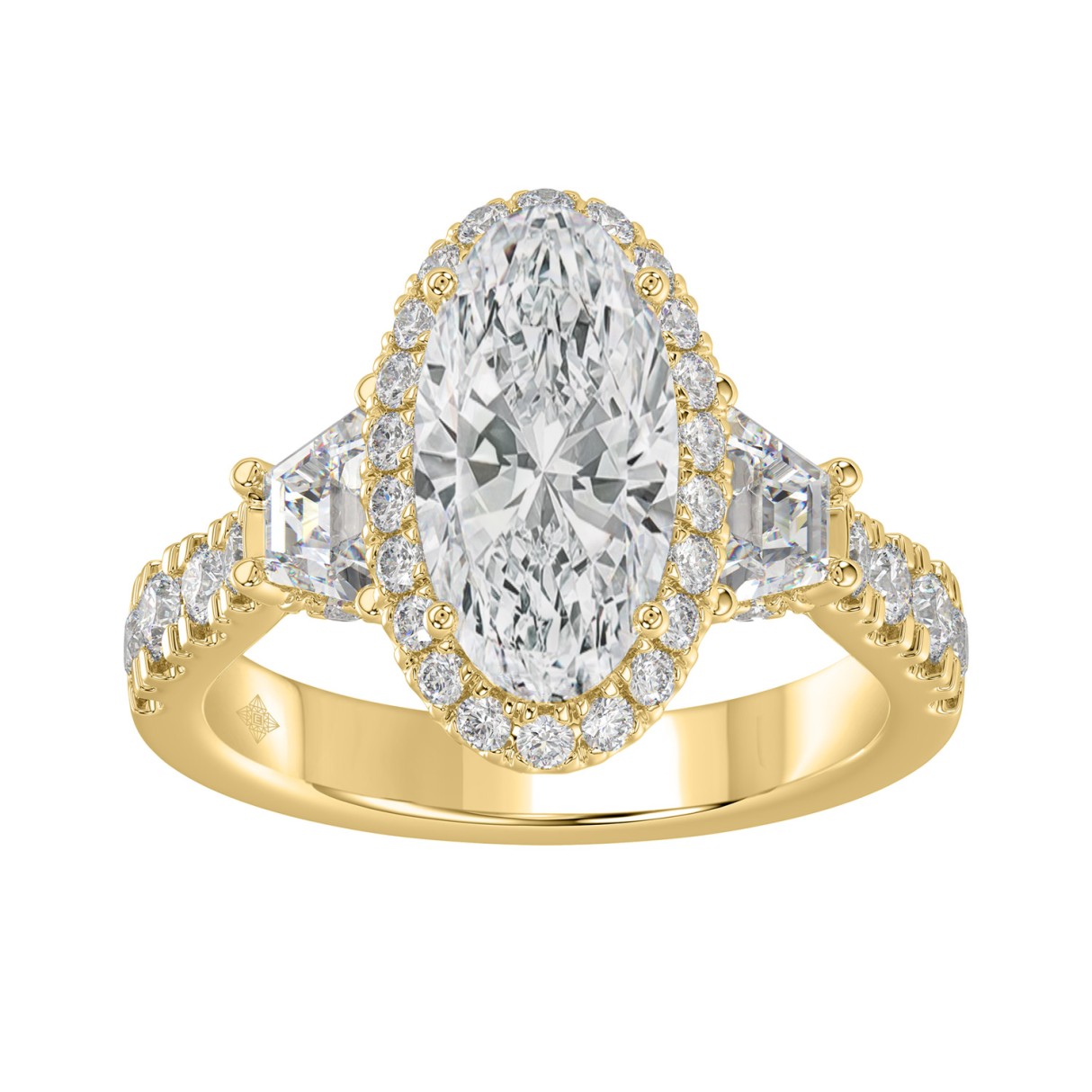 Elegant 14K Yellow Gold 3 1/4Ct Round Diamond Halo & Three-Stone Engagement Ring With Trapezoid Side Stones 2.00Ct Oval Center Stone (Color F-G -Clarity Vs1/Vs2)