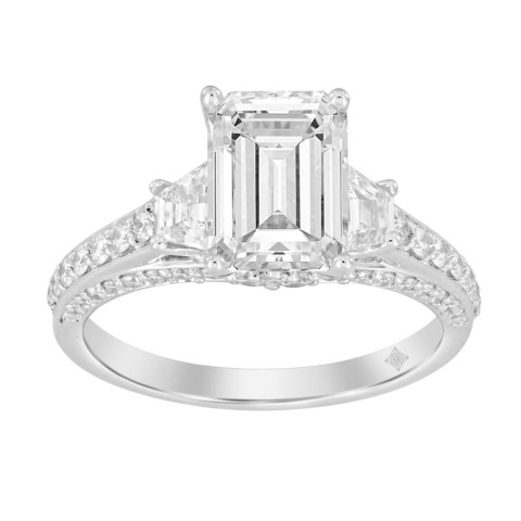 LADIES RING 1.00CT ROUND/TRAPEZOID DIAMOND 18K WHITE GOLD (CENTER STONE EMERALD DIAMOND 2CT)