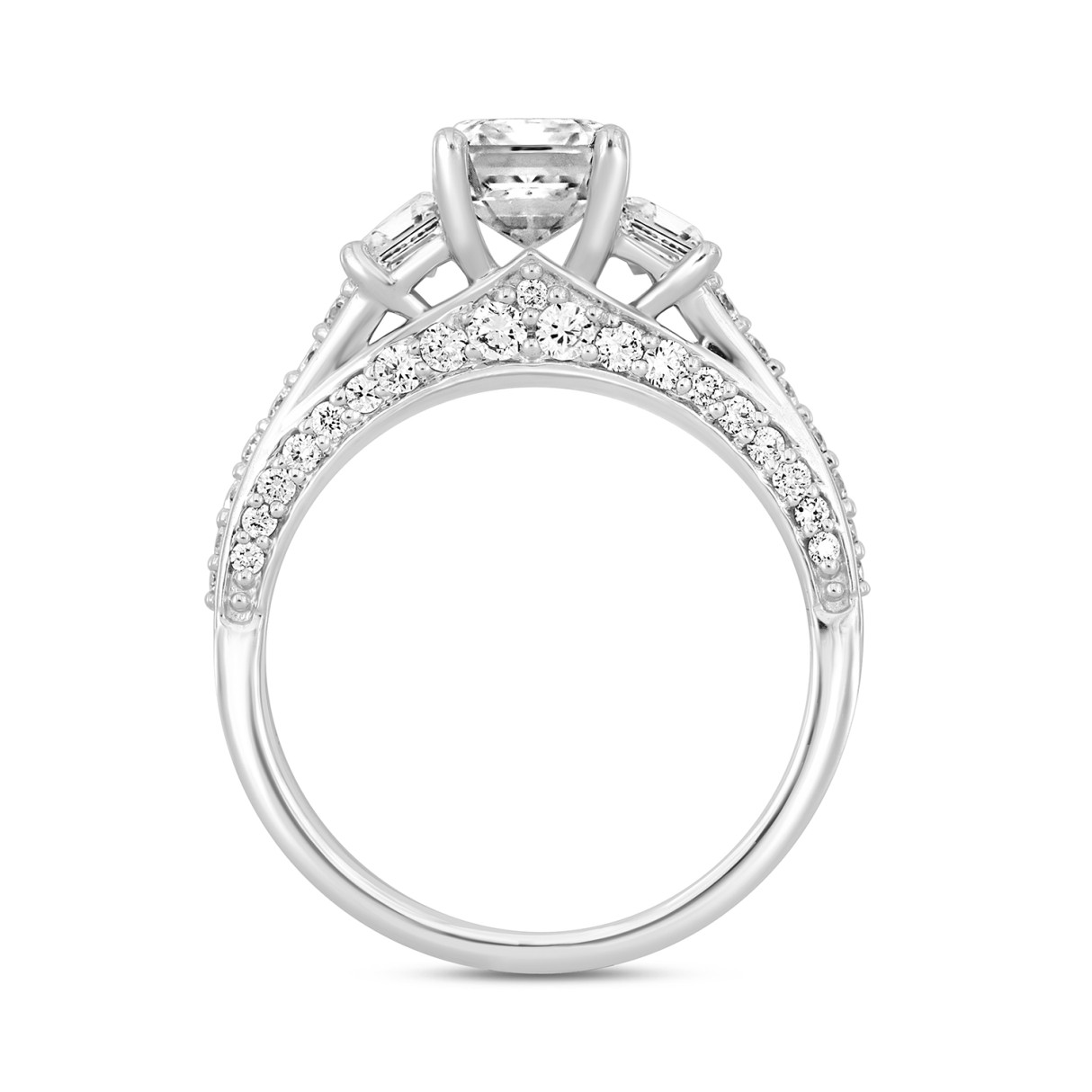 LADIES RING 1.00CT ROUND/TRAPEZOID DIAMOND 18K WHITE GOLD (CENTER STONE EMERALD DIAMOND 2CT)