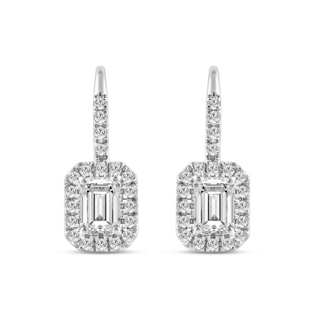 LADIES EARRINGS 1 1/4CT ROUND/EMERALD DIAMOND 14K WHITE GOLD