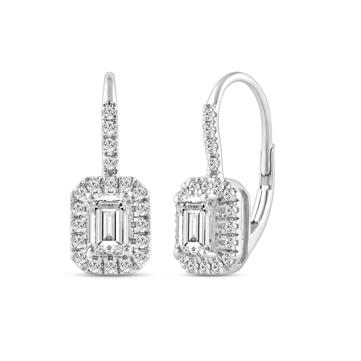 LADIES EARRINGS 1 1/4CT ROUND/EMERALD DIAMOND 14K WHITE GOLD