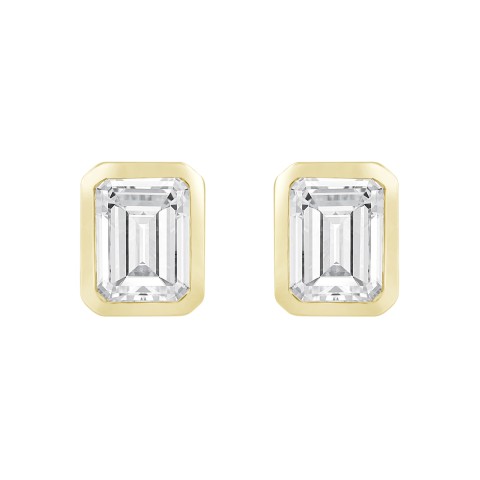 LADIES SOLITAIRE EARRINGS 4.00CT EMERALD DIAMOND 14K YELLOW GOLD