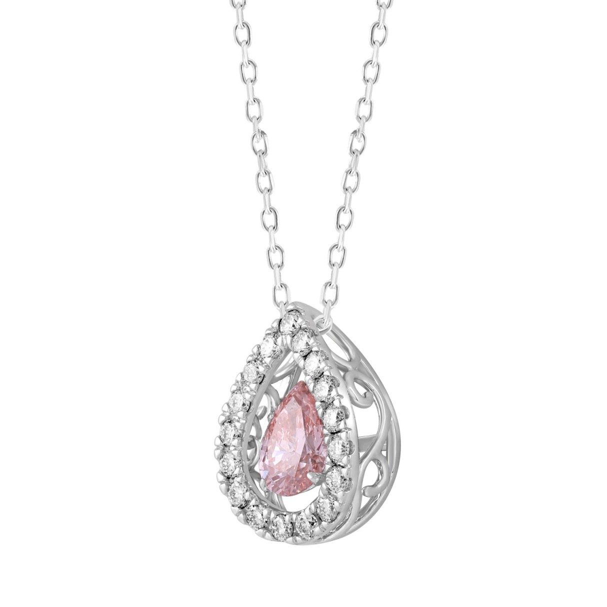 LADIES PENDANT WITH CHAIN 3/4CT ROUND/PEAR DIAMOND 14K WHITE GOLD (CENTER STONE PEAR DIAMOND 1/2CT)