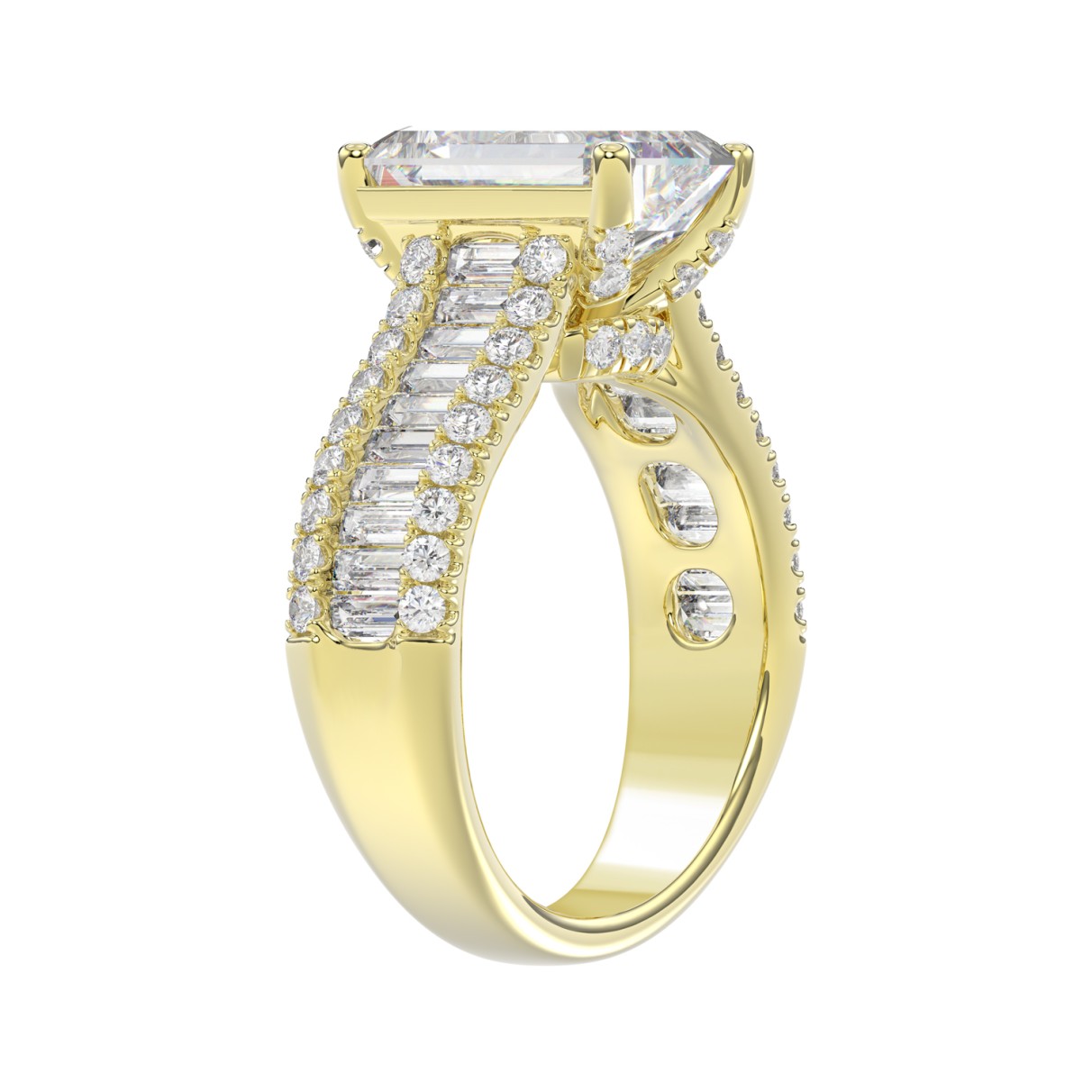 14K YELLOW GOD 1 1/4CT ROUND/BAGUETTE/RADIANT DIAMOND SEMI MOUNT LADIES RING (CENTER STONE RADIANT DIAMOND 4.00CT)