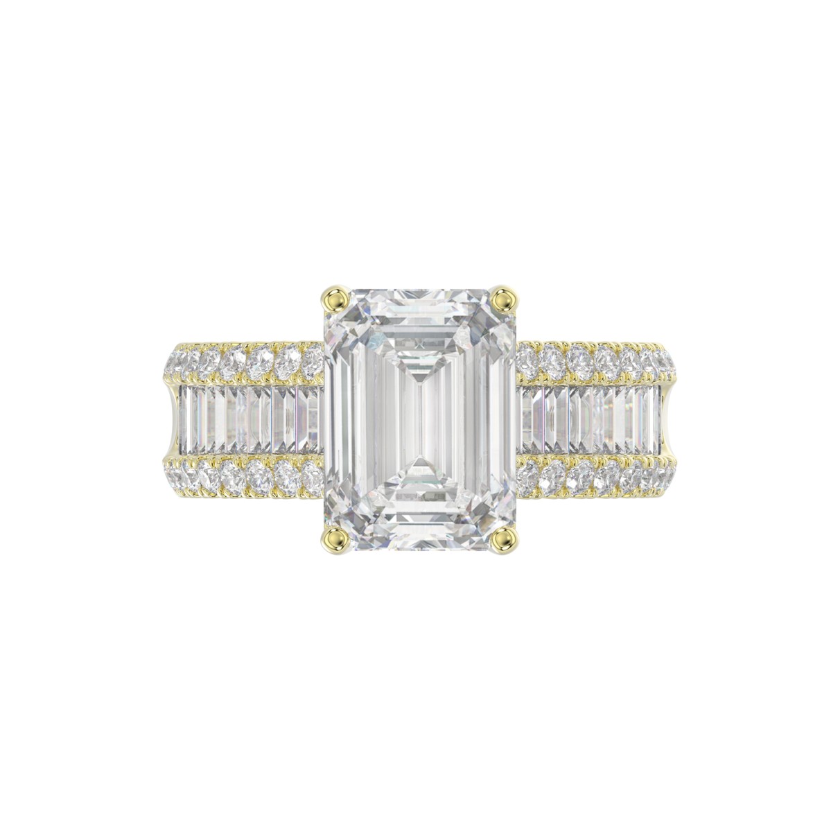 14K YELLOW GOD 1 1/4CT ROUND/BAGUETTE/RADIANT DIAMOND SEMI MOUNT LADIES RING (CENTER STONE RADIANT DIAMOND 4.00CT)