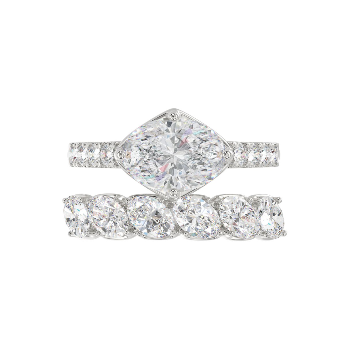 LADIES BRIDAL SET 3 3/4CT ROUND/OVAL DIAMOND 14K WHITE GOLD (CENTER STONE OVAL DIAMOND 2.00CT)