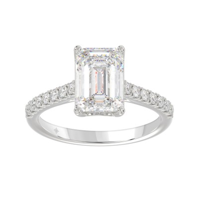 Emerald Cut Lab Grown Diamond Engagement Ring In 14K White Gold 3 1/4Ct Round & Emerald Diamond Ring 3.00Ct Emerald  Center Stone (Color F-G -Clarity Vs1/Vs2)