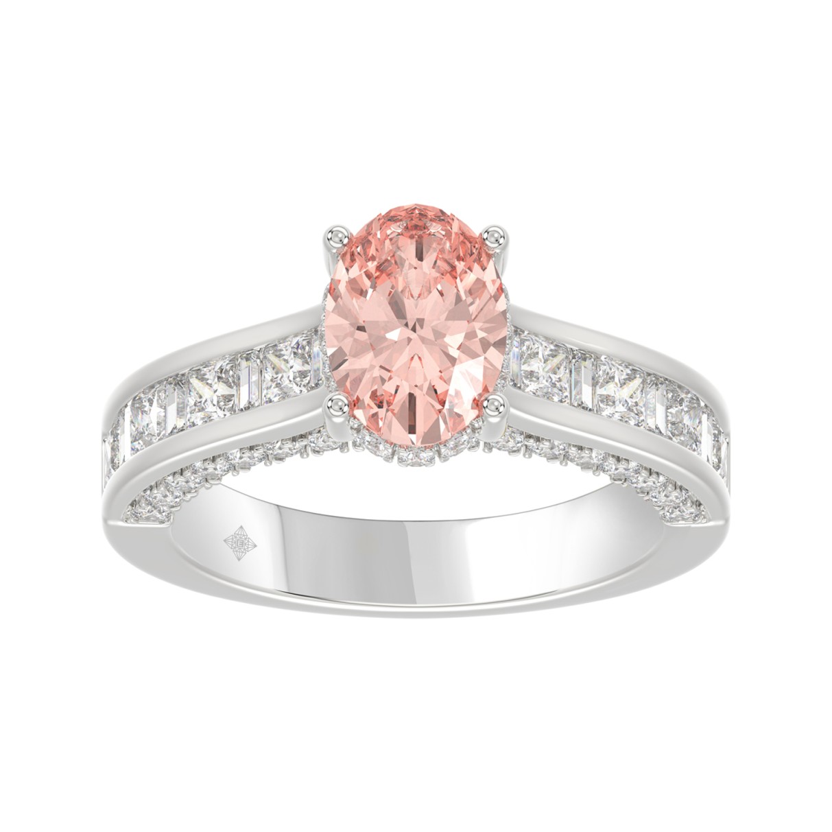 14K WHITE GOLD 2 3/4CT ROUND/OVAL/PRINCESS/BAGUETTE DIAMOND LADIES RING (CENTER STONE PINK OVAL DIAMOND 1 1/2CT)