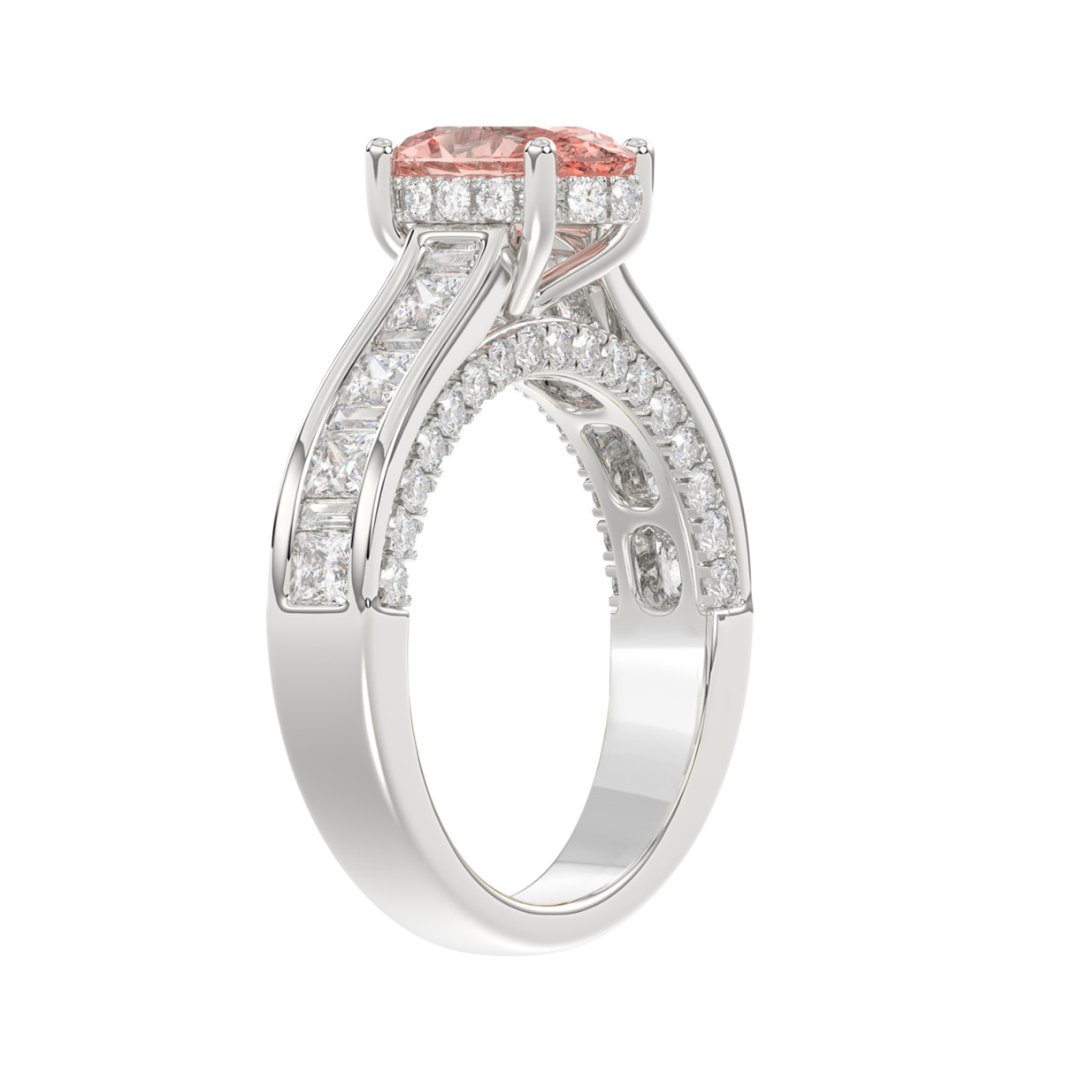 14K WHITE GOLD 2 3/4CT ROUND/OVAL/PRINCESS/BAGUETTE DIAMOND LADIES RING (CENTER STONE PINK OVAL DIAMOND 1 1/2CT)