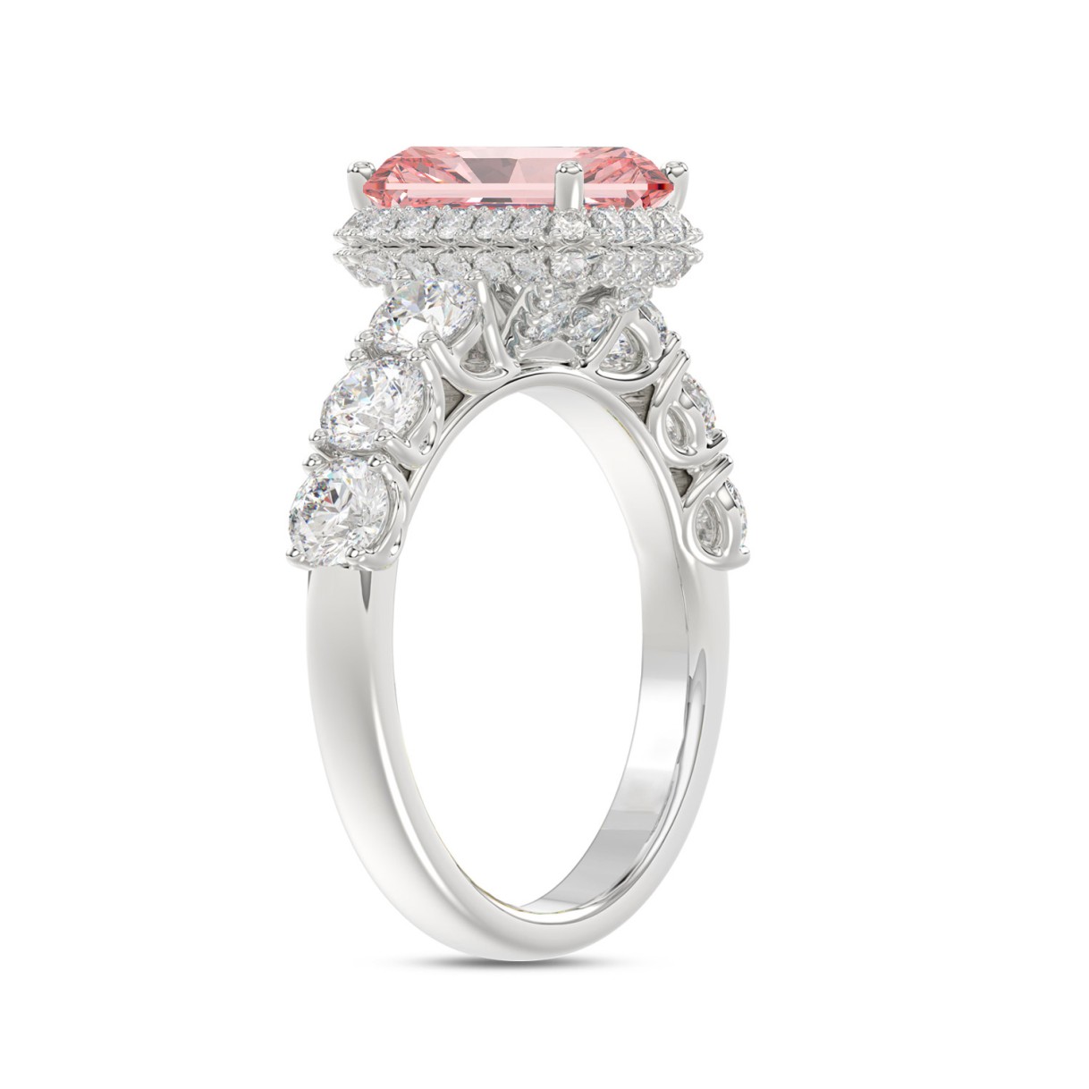 ETERNAL BLUSH COLLECTION 14K WHITE GOLD 3 1/2CT ROUND/ PINK RADIANT DIAMOND LADIES RING (CENTER STONE PINK RADIANT DIAMOND 2CT)