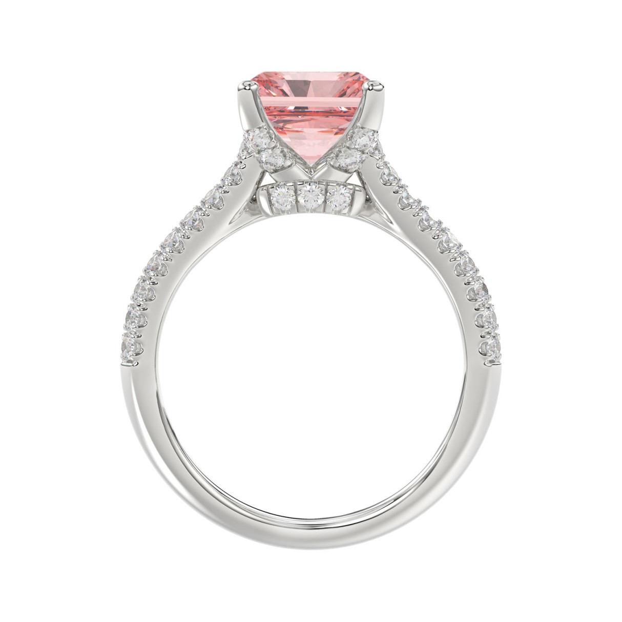 ETERNAL BLUSH COLLECTION 14K WHITE GOLD 4.00CT ROUND / BAGUETTE & PINK RADIANT DIAMOND LADIES RING  (CENTER STONE PINK RADIANT DIAMOND 3CT)