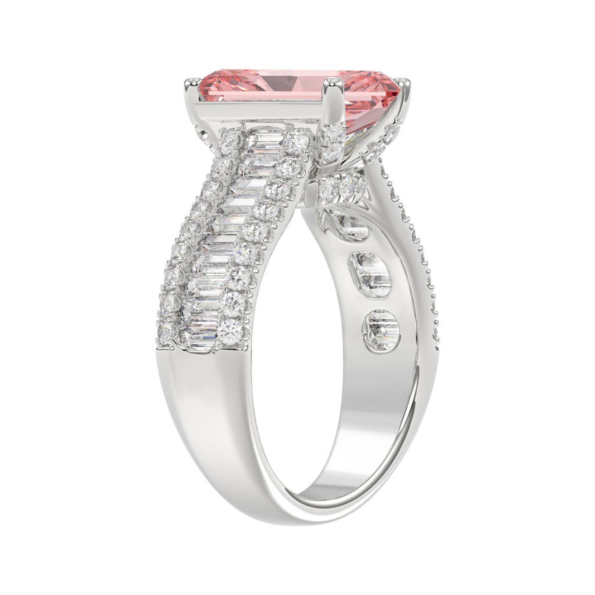 ETERNAL BLUSH COLLECTION 14K WHITE GOLD 4.00CT ROUND / BAGUETTE & PINK RADIANT DIAMOND LADIES RING  (CENTER STONE PINK RADIANT DIAMOND 3CT)