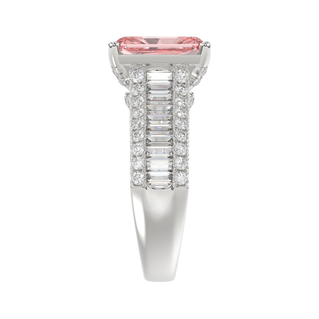 ETERNAL BLUSH COLLECTION 14K WHITE GOLD 4.00CT ROUND / BAGUETTE & PINK RADIANT DIAMOND LADIES RING  (CENTER STONE PINK RADIANT DIAMOND 3CT)