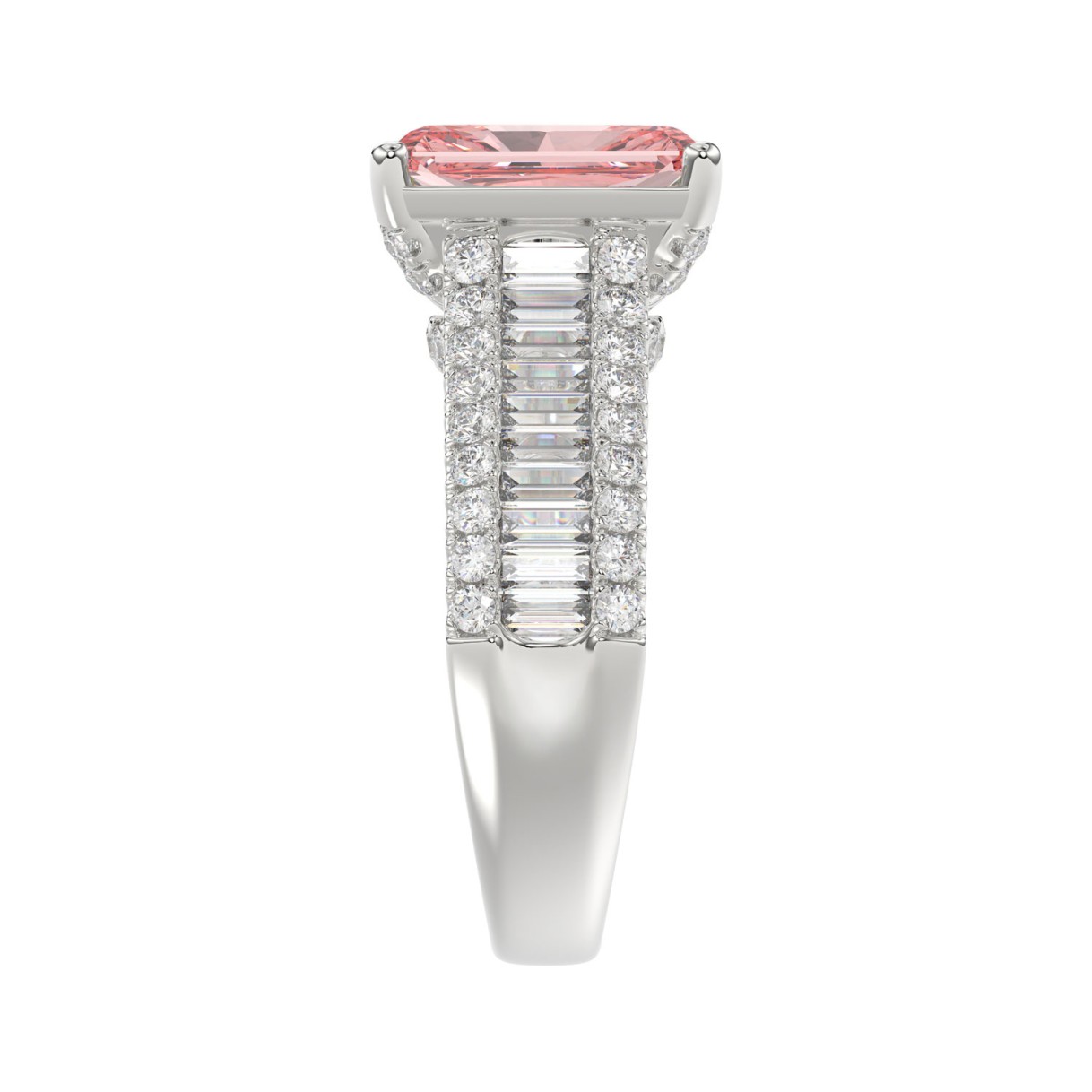 ETERNAL BLUSH COLLECTION 14K WHITE GOLD 4.00CT ROUND / BAGUETTE & PINK RADIANT DIAMOND LADIES RING  (CENTER STONE PINK RADIANT DIAMOND 3CT)
