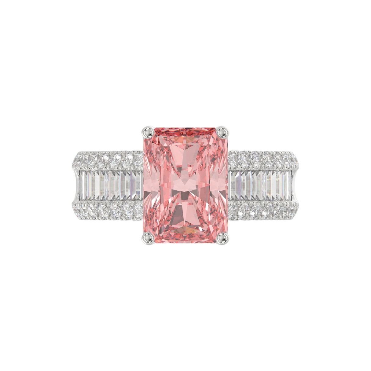 ETERNAL BLUSH COLLECTION 14K WHITE GOLD 4.00CT ROUND / BAGUETTE & PINK RADIANT DIAMOND LADIES RING  (CENTER STONE PINK RADIANT DIAMOND 3CT)