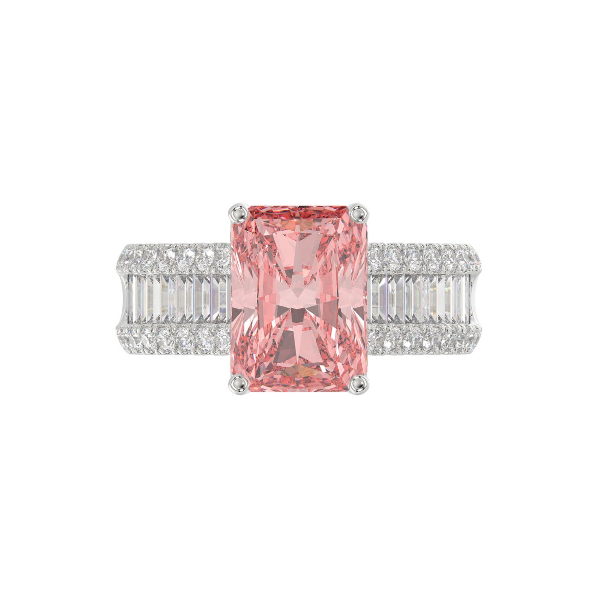ETERNAL BLUSH COLLECTION 14K WHITE GOLD 4.00CT ROUND / BAGUETTE & PINK RADIANT DIAMOND LADIES RING  (CENTER STONE PINK RADIANT DIAMOND 3CT)