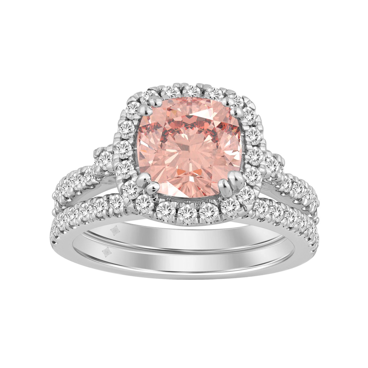 14K WHITE GOLD 3 3/4CT ROUND/CUSHION DIAMOND LADIES BRIDAL SET (CENTER STONE CUSHION PINK DIAMOND 3CT)