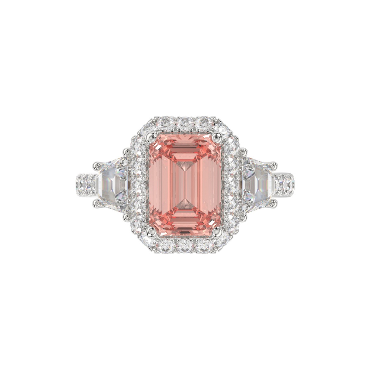 14K WHITE GOLD 4 1/4CT ROUND/RADIANT/TRAPEZOID DIAMOND LADIES RING (CENTER STONE PINK RADIANT DIAMOND 3.00CT)