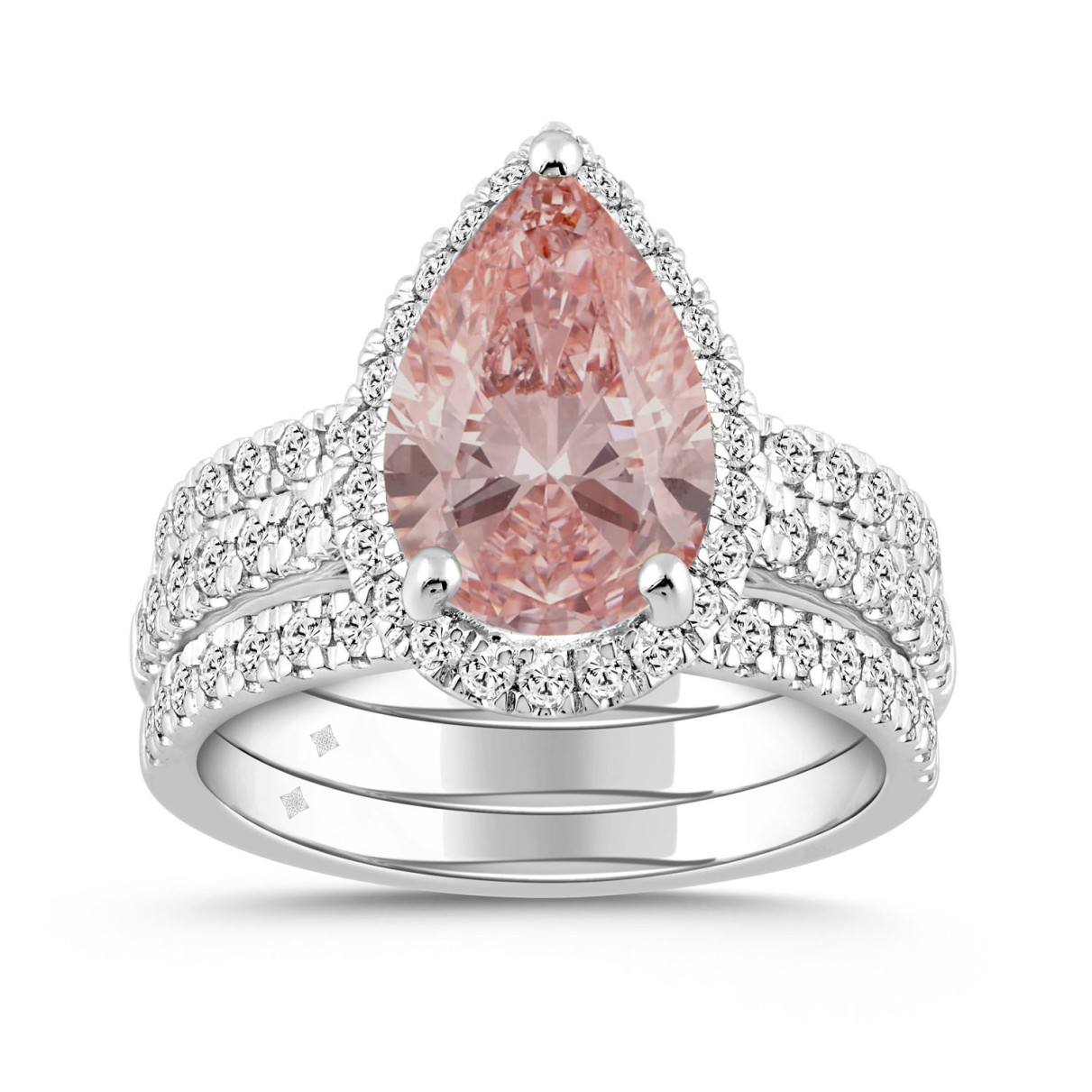 14K WHITE GOLD 4.00CT ROUND/PEAR DIAMOND LADIES BRIDAL SET (CENTER STONE PEAR PINK DIAMOND 3CT)