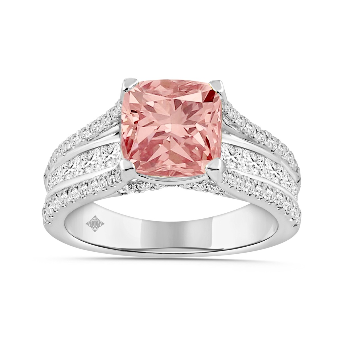 14K WHITE GOLD 4 1/2CT ROUND/PRINCESS/CUSHION DIAMOND LADIES BRIDAL SET (CENTER STONE CUSHION PINK DIAMOND 3CT)