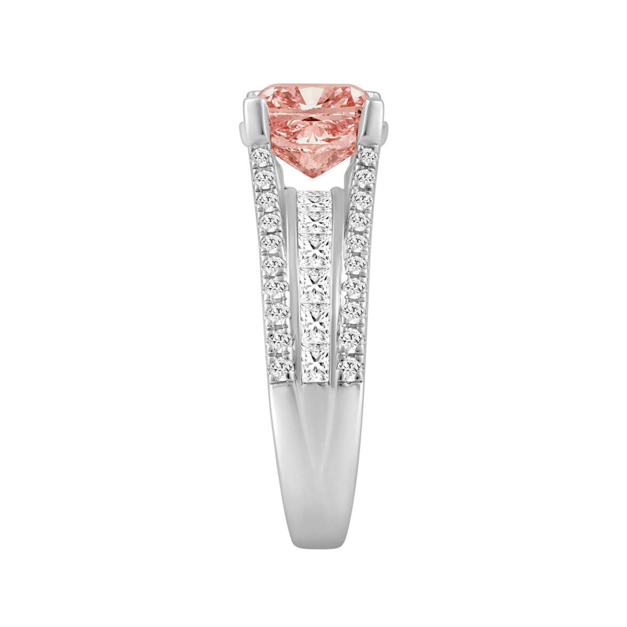 ETERNAL BLUSH COLLECTION 14K WHITE GOLD 4 1/2CT ROUND/PRINCESS/ PINK CUSHION DIAMOND LADIES BRIDAL SET (CENTER STONE PINK CUSHION DIAMOND 3CT)