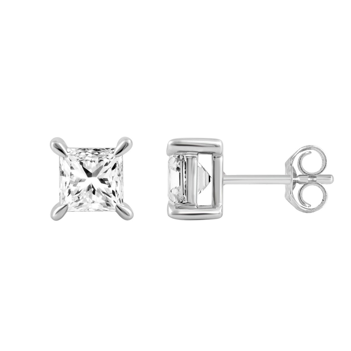 18K WHITE GOLD 2.00CT PRINCESS DIAMOND SOLITAIRE EARRINGS (TALON CLAWS LOCK)