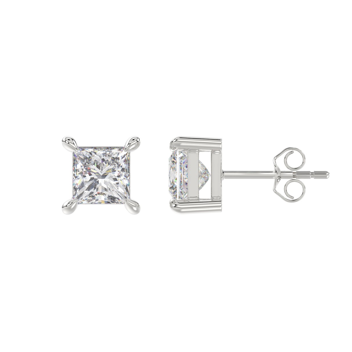 18K WHITE GOLD 2.00CT PRINCESS DIAMOND SOLITAIRE EARRINGS (TALON CLAWS LOCK)