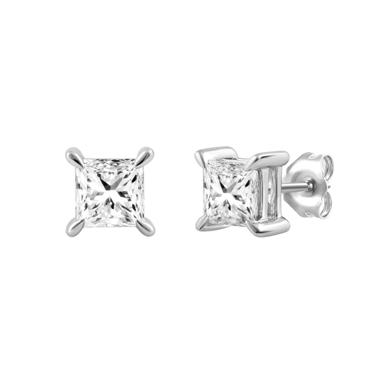 18K WHITE GOLD 2.00CT PRINCESS DIAMOND SOLITAIRE EARRINGS (TALON CLAWS LOCK)