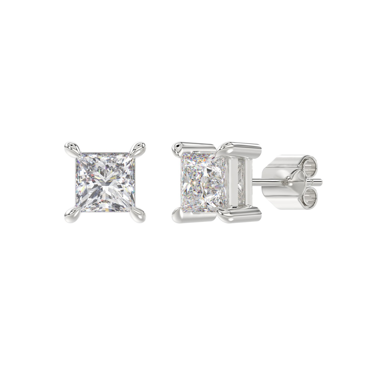 18K WHITE GOLD 2.00CT PRINCESS DIAMOND SOLITAIRE EARRINGS (TALON CLAWS LOCK)