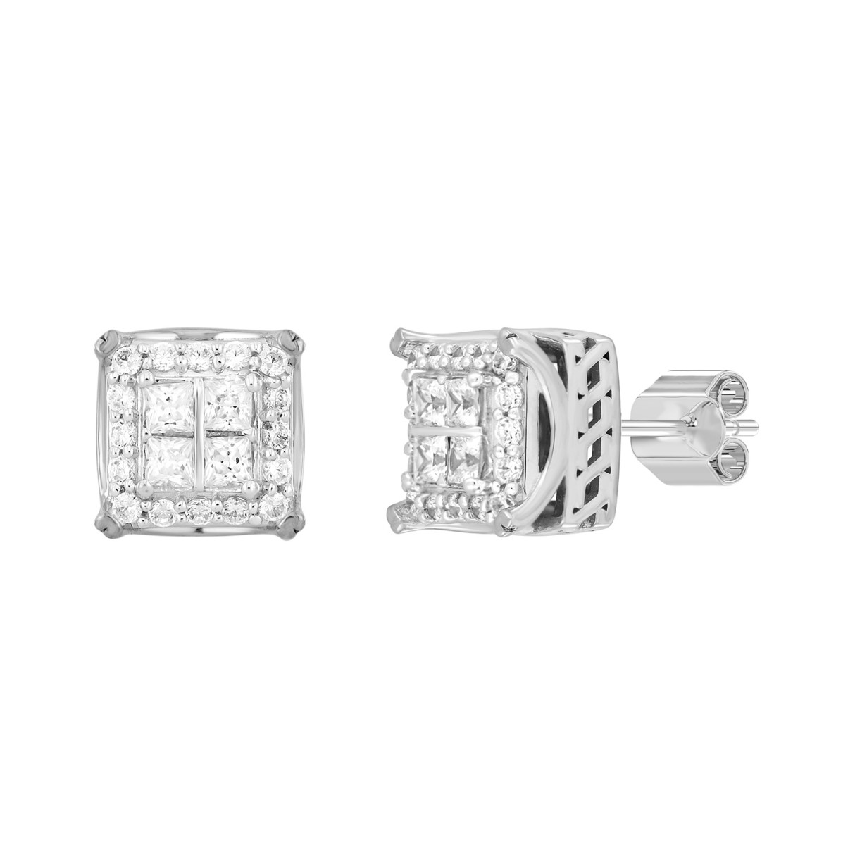 10K WHITE GOLD 1.00CT ROUND/PRINCESS DIAMOND LADIES EARRINGS 