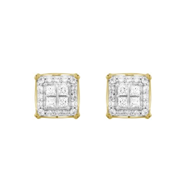 10K YELLOW GOLD 1.00CT ROUND/PRINCESS DIAMOND LADIES EARRINGS