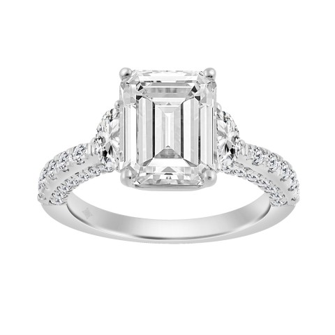 14K WHITE GOLD 4.00CT ROUND/EMERALD/HALF MOON DIAMOND LADIES RING (CENTER STONE EMERALD DIAMOND 3CT)