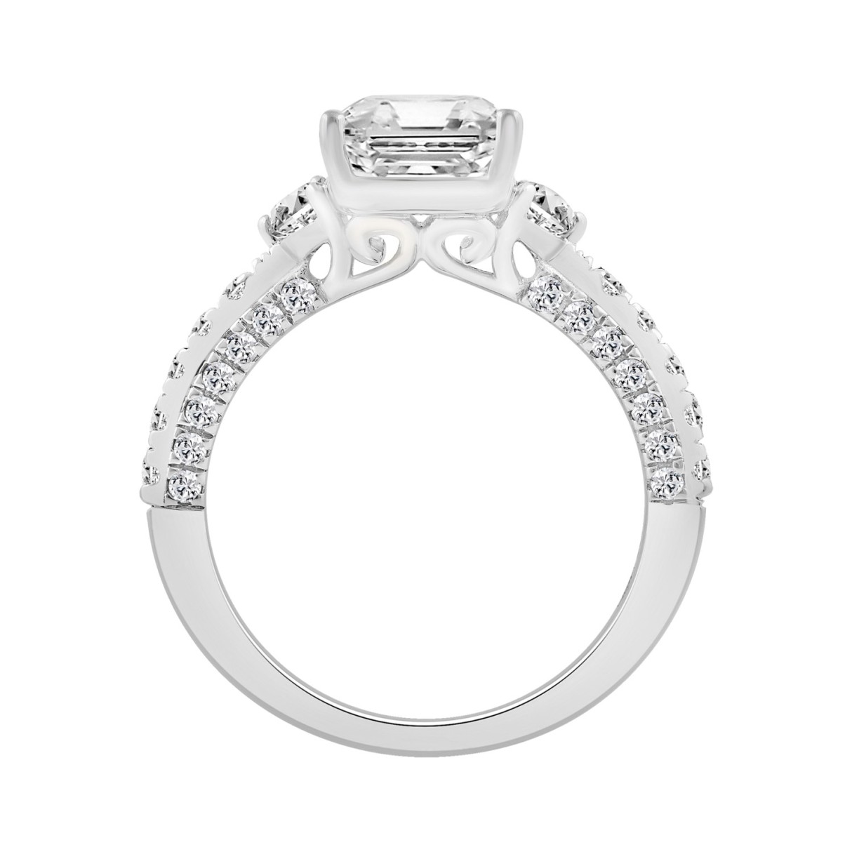 14K WHITE GOLD 4.00CT ROUND/EMERALD/HALF MOON DIAMOND LADIES RING (CENTER STONE EMERALD DIAMOND 3CT)