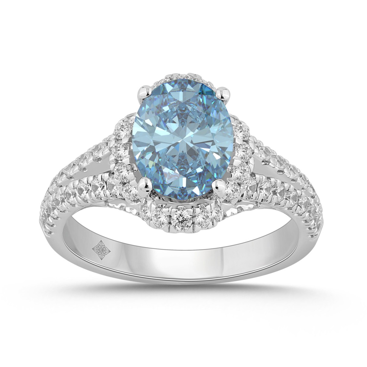 14K WHITE GOLD 2 3/4CT ROUND/BLUE SAPPHIRE OVAL DIAMOND LADIES RING (CENTER STONE BLUE SAPPHIRE OVAL DIAMOND 2CT)