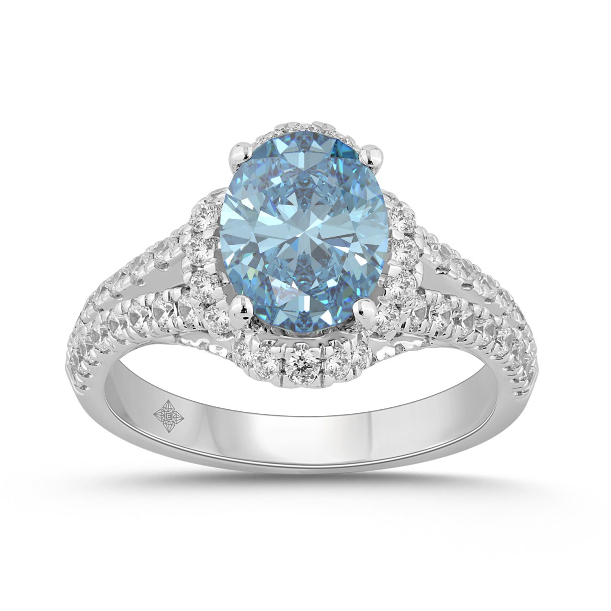 14K WHITE GOLD 2 3/4CT ROUND/OVAL DIAMOND LADIES RING (CENTER STONE BLUE OVAL DIAMOND 2CT)